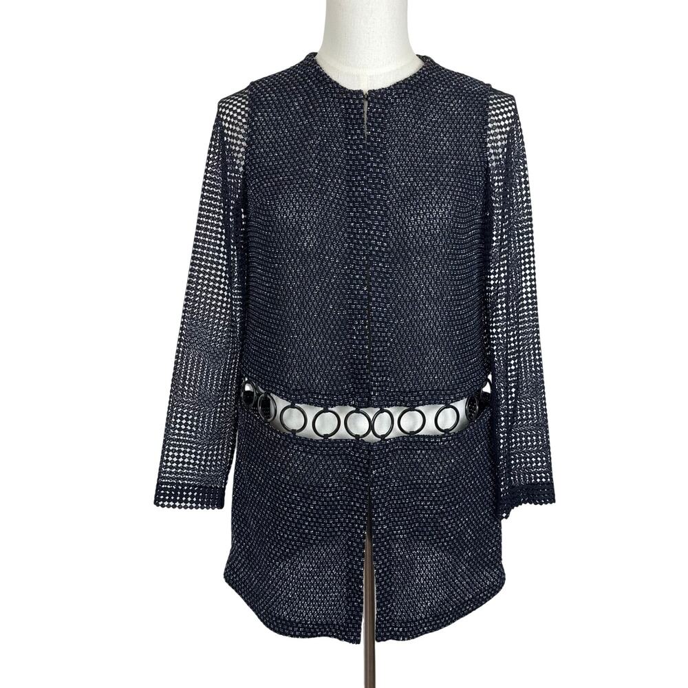 Elie Tahari Jaya Knit Blazer Jacket Chainmail Grommets Navy/White M